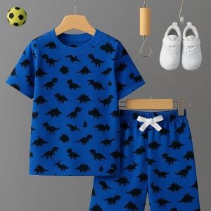 Boys Fun Blue Dinosaur T-shirt and Shorts Set
