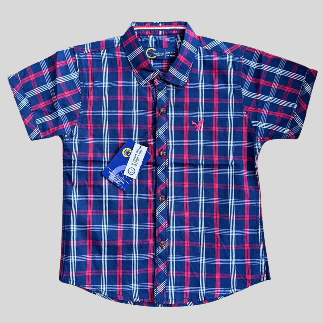 Boys Premium Quality Blue and Red Checkered Short-Sleeve Shirt