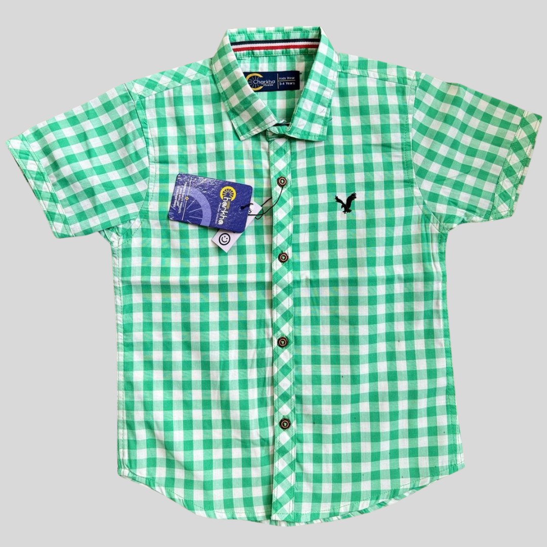 Boys Premium Quality Green Checkered Short-Sleeve Shirt