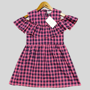 Pink Plaid Cold Shoulder Ruffle Frock
