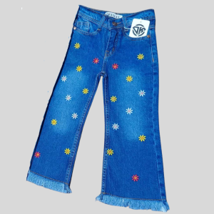 Girls Stylish Blue Bell-Bottom Jeans with Colorful Flower Embroidery