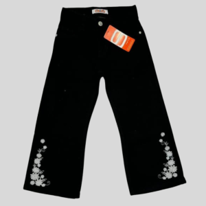 Girls Stylish Black Bell-Bottom Jeans with Floral Embroidery