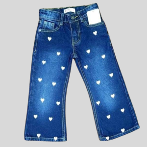 Girls Blue Bell-Bottom Jeans with Heart Embroidery