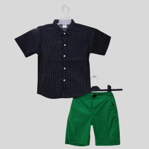 Boys Stylish Black Polka Dot Shirt and Green Shorts Set