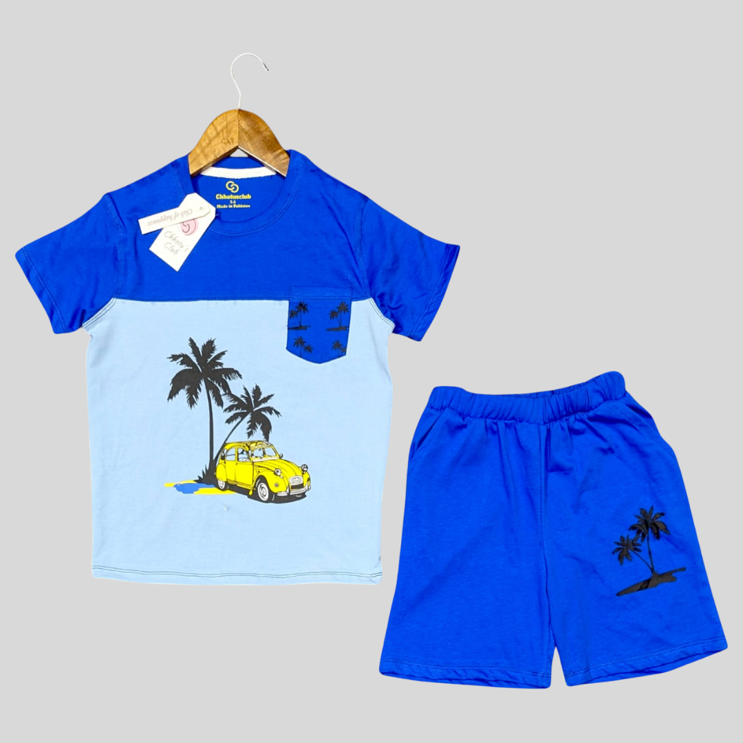 Boys Fun Blue & Yellow Car T-shirt and Shorts Set