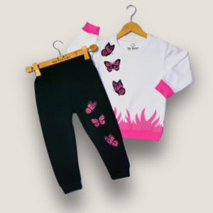 White & Pink Butterfly Fleece Tracksuit