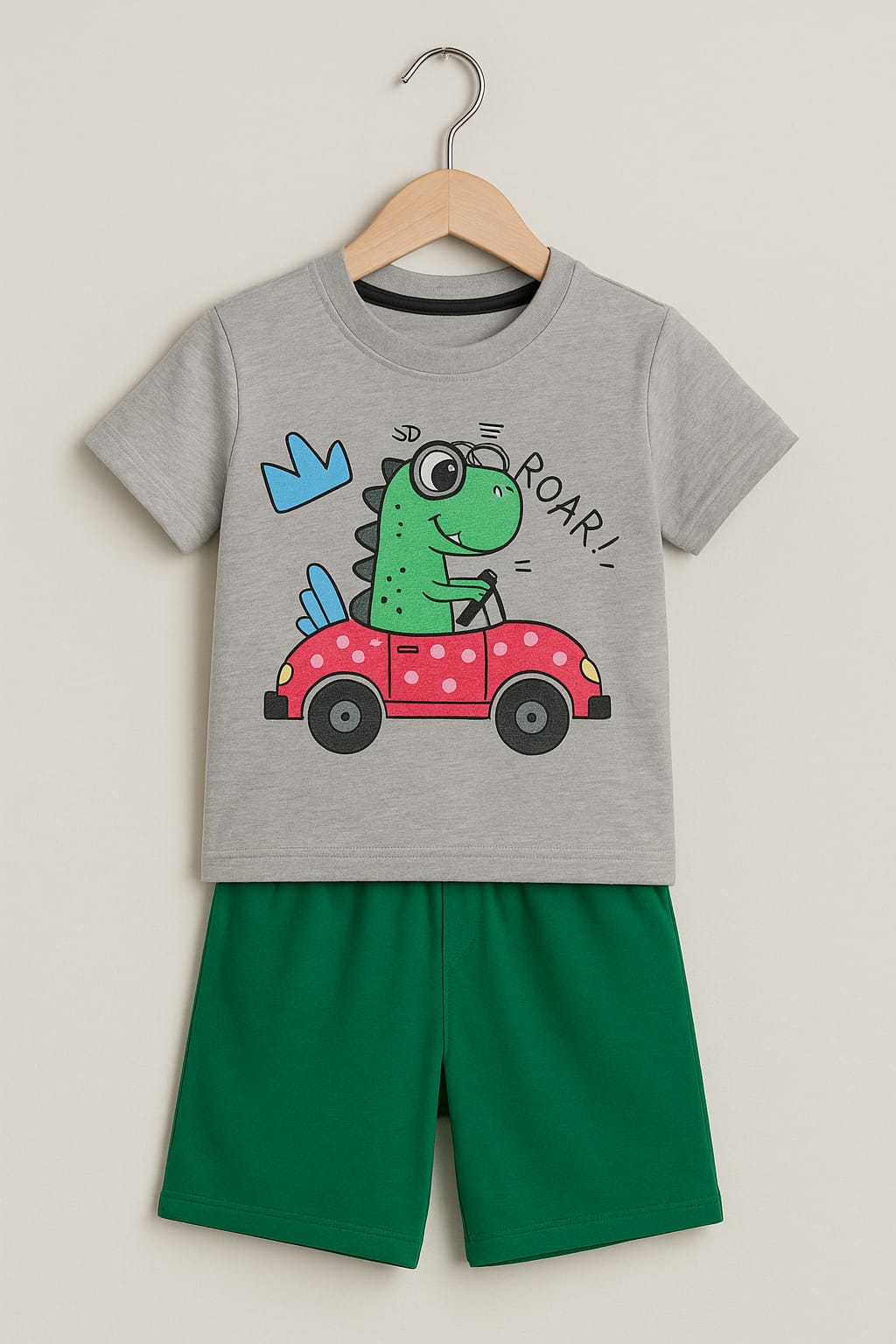 Boys Fun Dinosaur Driving Car T-shirt and Shorts Set