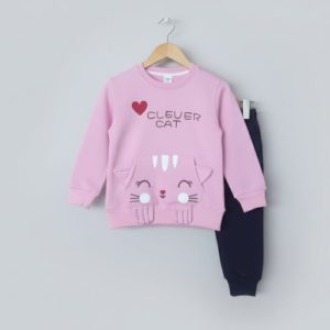'Clever Cat' 3D Design Fleece Tracksuit for Girls
