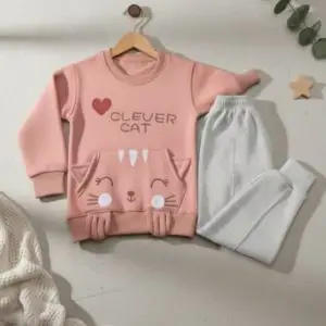 'Clever Cat' 3D Design Fleece Tracksuit for Girls