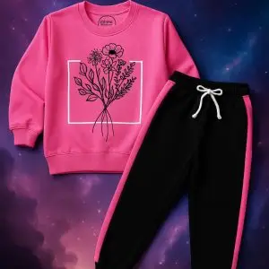 Girls' Fuchsia Floral Print Fleece Tracksuit