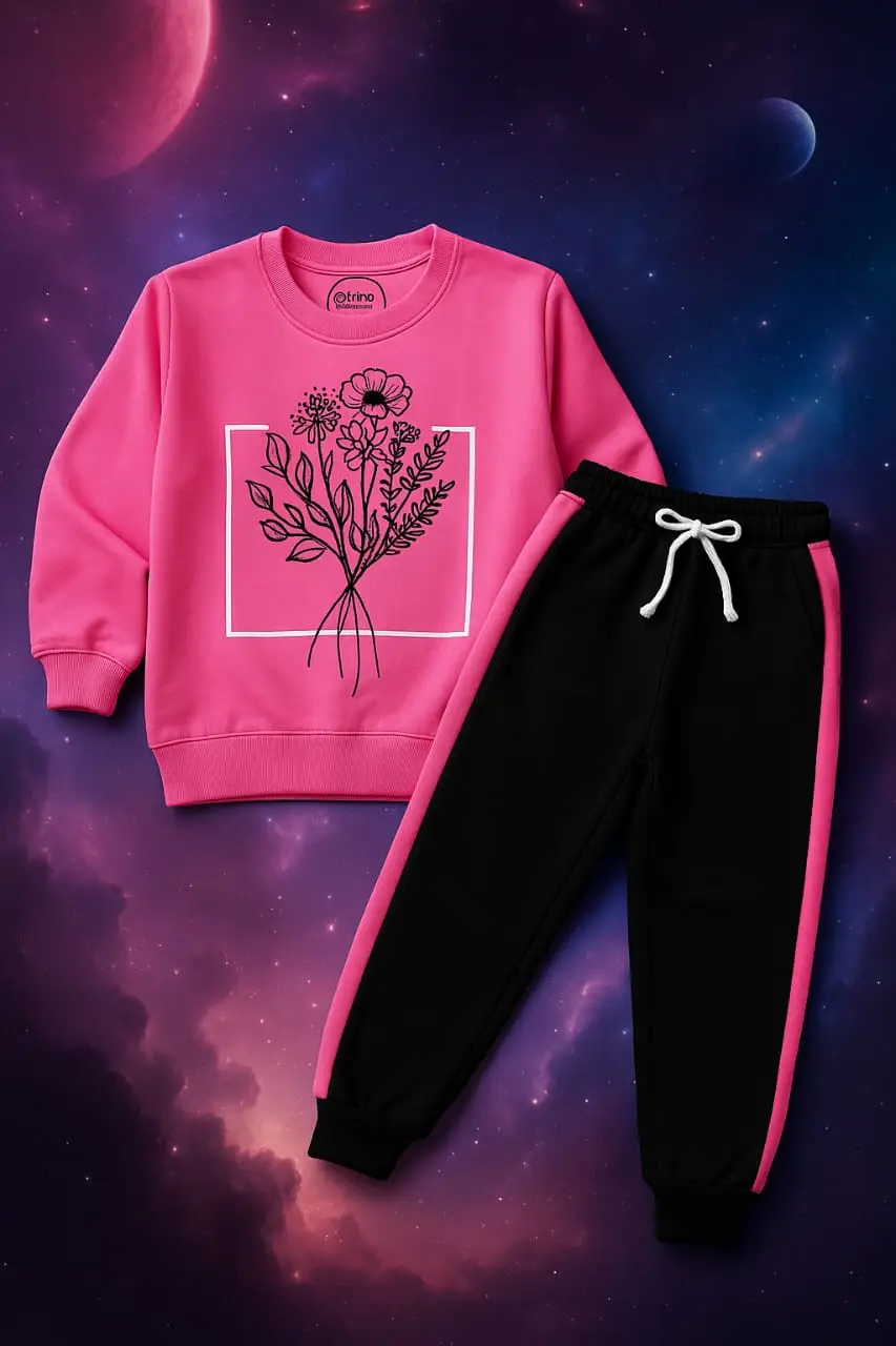 Girls' Fuchsia Floral Print Fleece Tracksuit