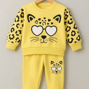 Girls' Trendy Yellow Leopard Cat Fleece Tracksuit