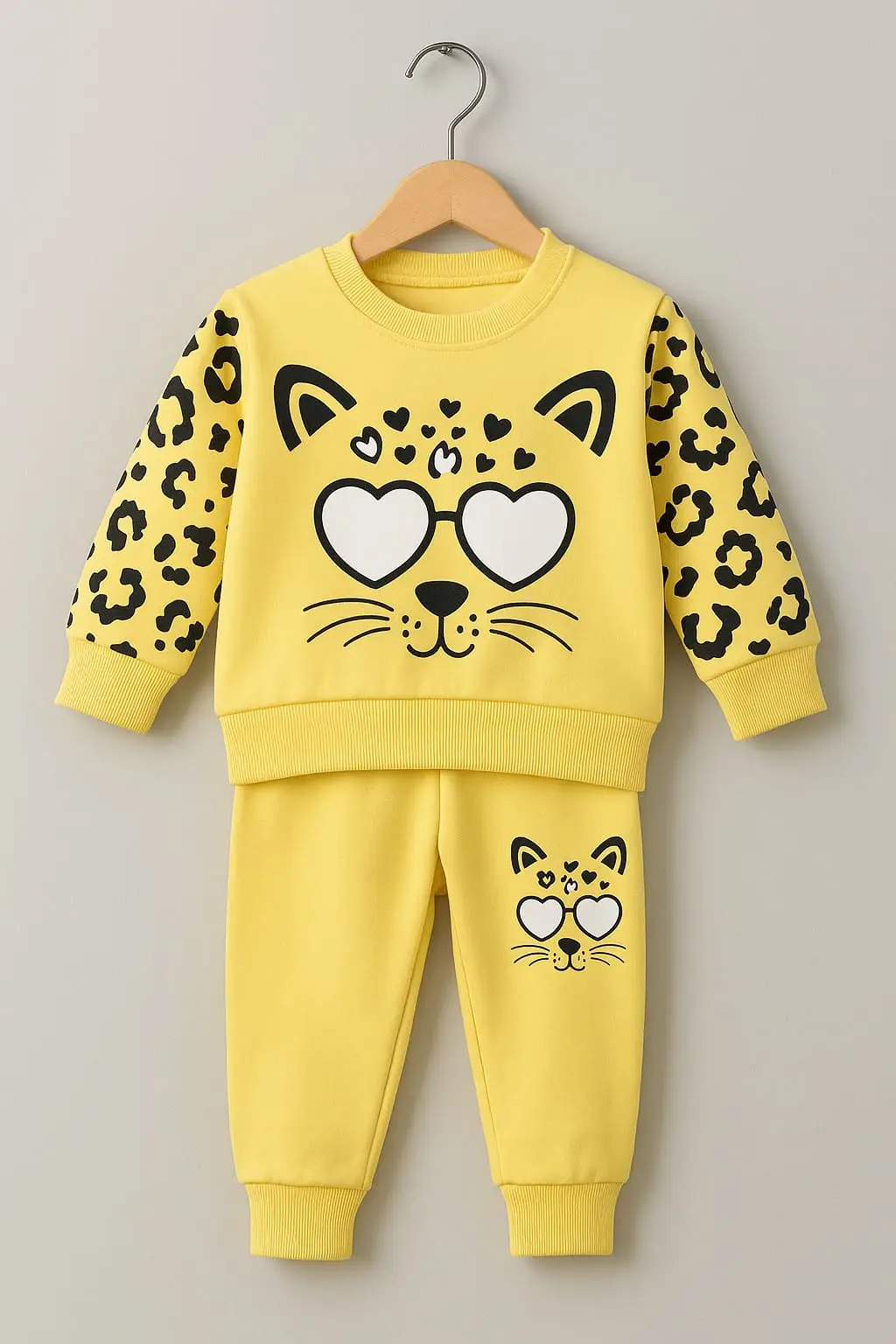 Girls' Trendy Yellow Leopard Cat Fleece Tracksuit