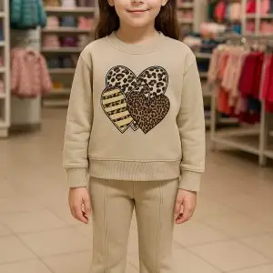 Girls' Premium Leopard Heart Print Fleece Tracksuit