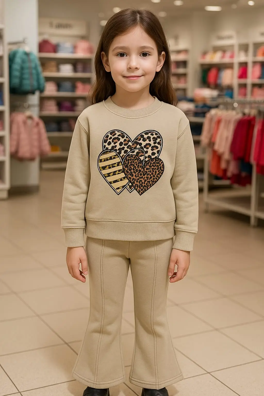 Girls' Premium Leopard Heart Print Fleece Tracksuit