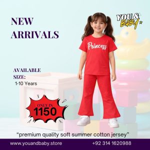 Kids Premium Soft Summer Cotton Jersey "Princess" Suit - Vibrant Red T-Shirt & Trouser Set