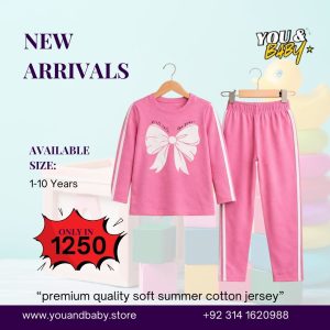 Girls Premium Soft Summer Cotton Jersey Bow Suit - Pink Long Sleeve Tee & Joggers Set