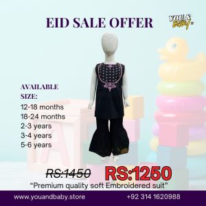 Kids Premium Black Embroidered Eid Suit – Stylish Gharara & Kurti Set (Sale)