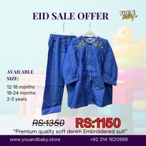 Baby Girls Premium Soft Denim Embroidered Suit - Floral Tunic & Trouser Set