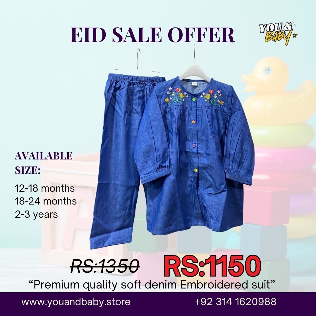 Baby Girls Premium Soft Denim Embroidered Suit - Floral Tunic & Trouser Set