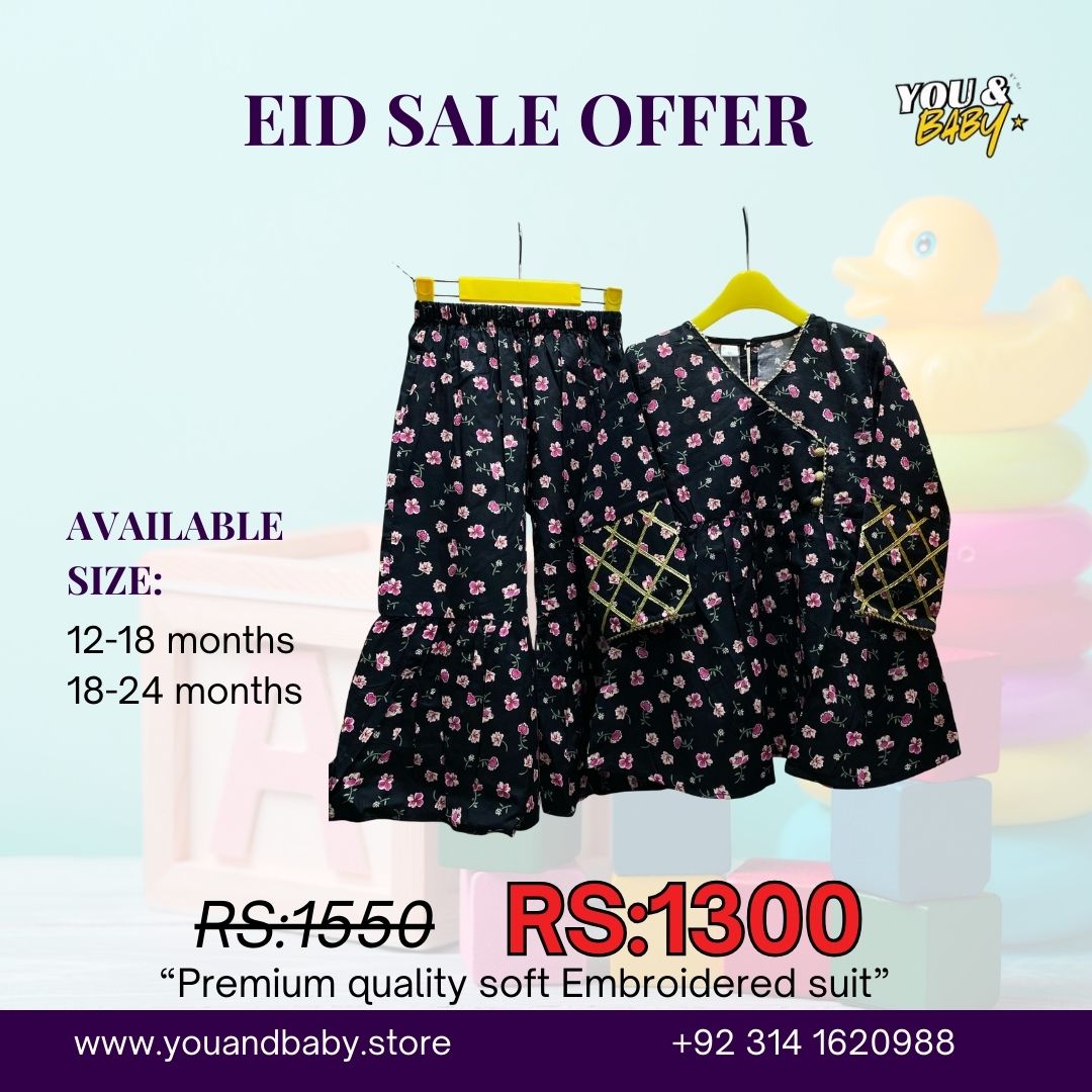 Baby Girls Premium Floral Angrakha Kurti & Gharara Set – Elegant Black Eid Collection