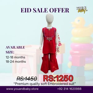 Baby Girls Premium Red Embroidered Eid Suit – Vibrant Kurti & Gharara Set (Sale)